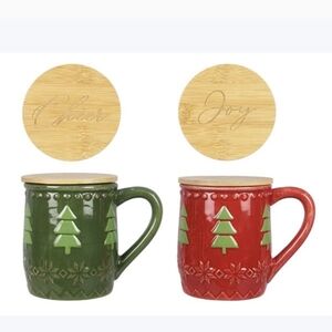 Holiday Tree Ceramic Mug Set with Bamboo Lids - Green and Red